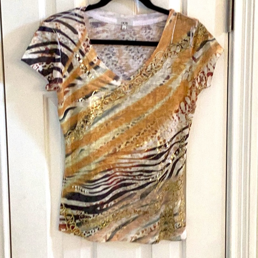 Cache Vintage Chain Link & Animal Print V-Neck Tee w/ Sequins